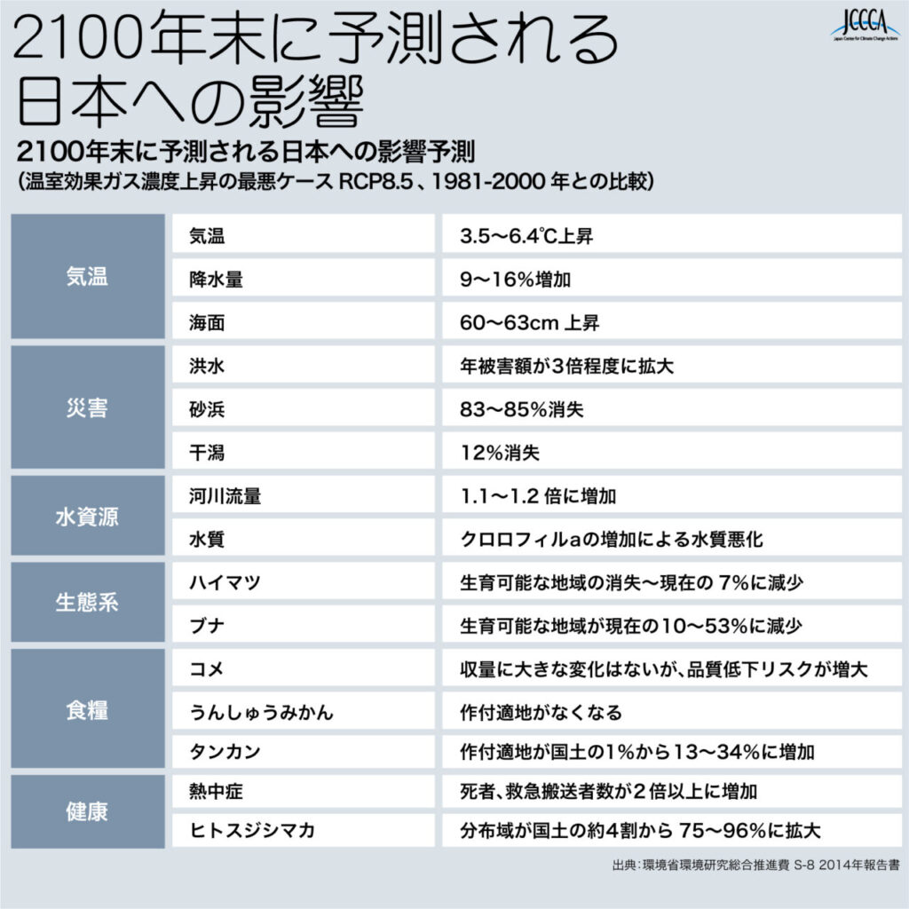 2100年末に予測される日本への影響